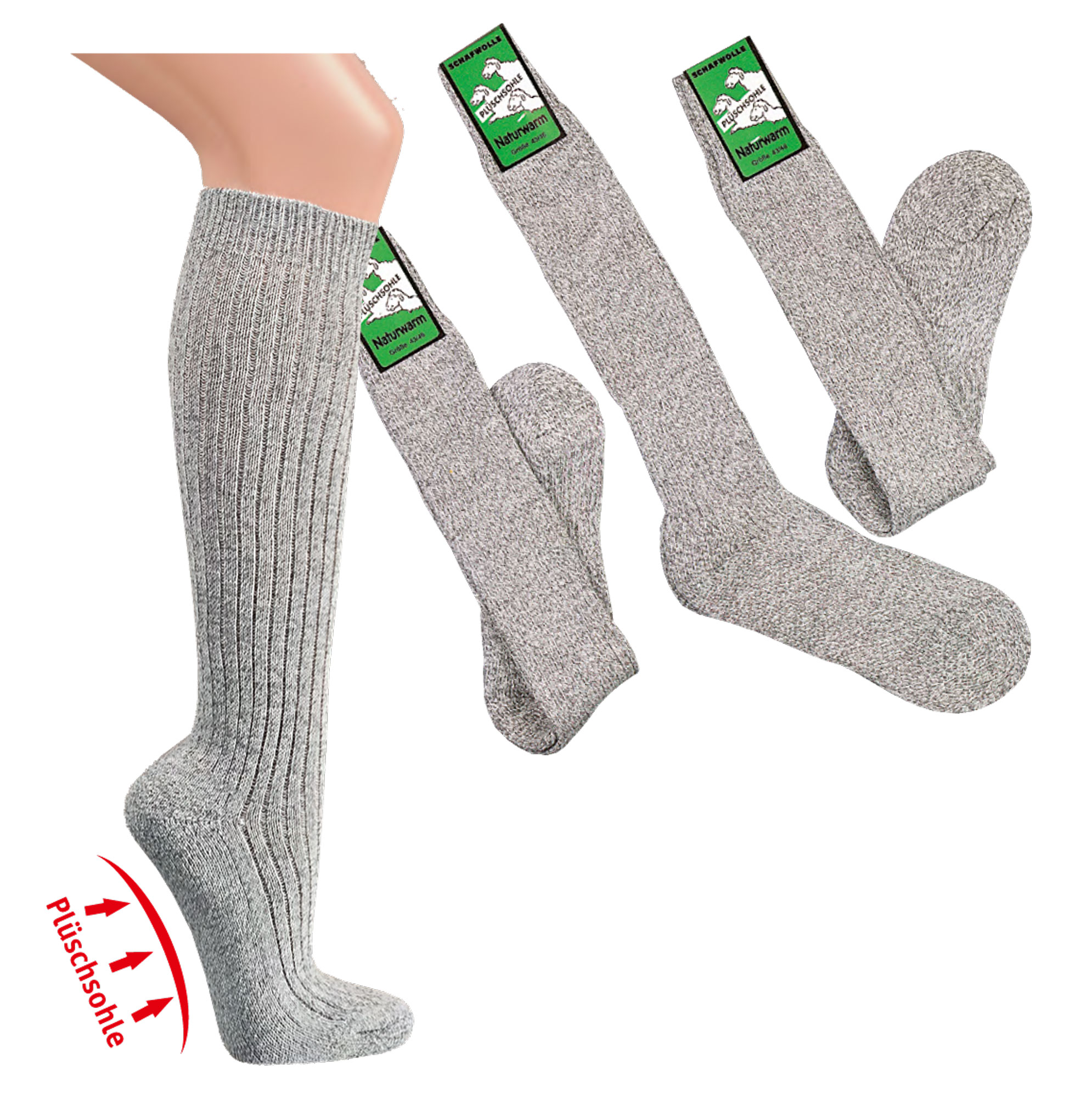 Plüschsohle-Socken lang, mit Schafwolle 3er-Bündel RESTPOSTEN